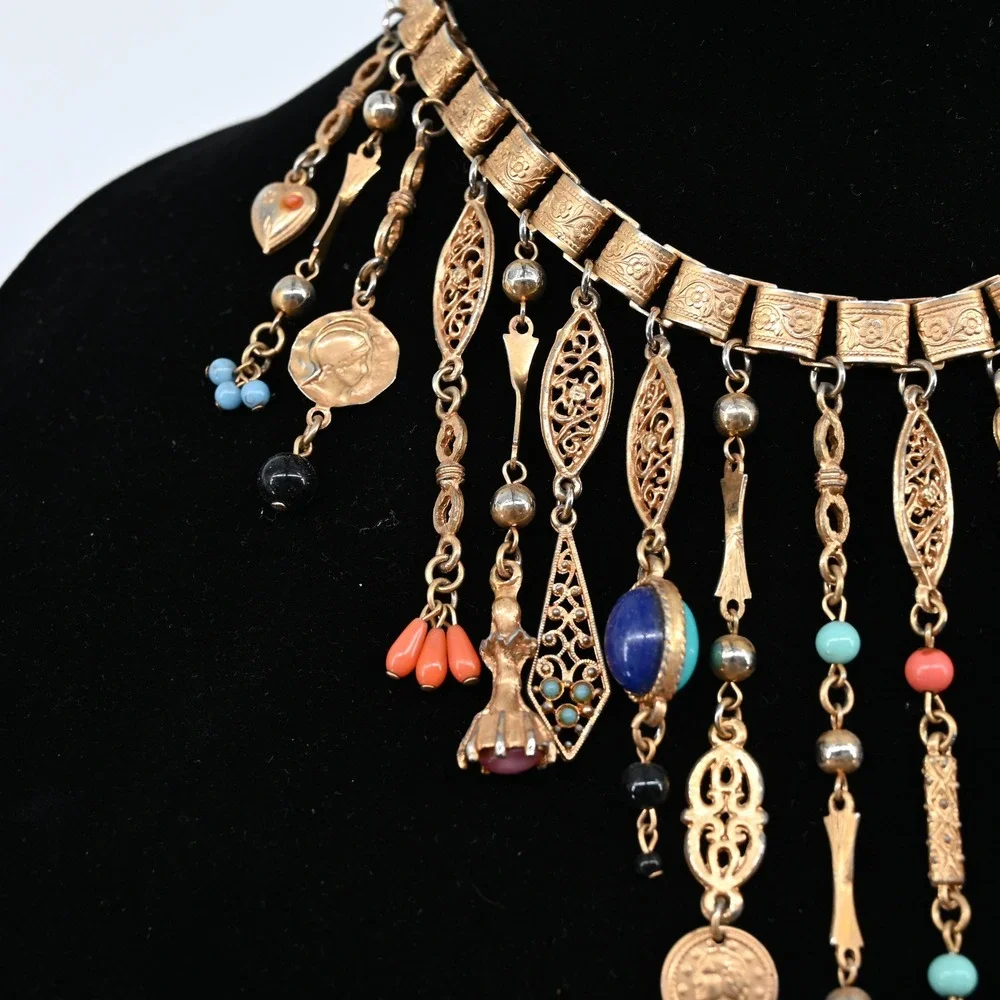 Vintage Gold Tone Victorian Revival Fringe Charm Necklace Lapis Coral Turquoise